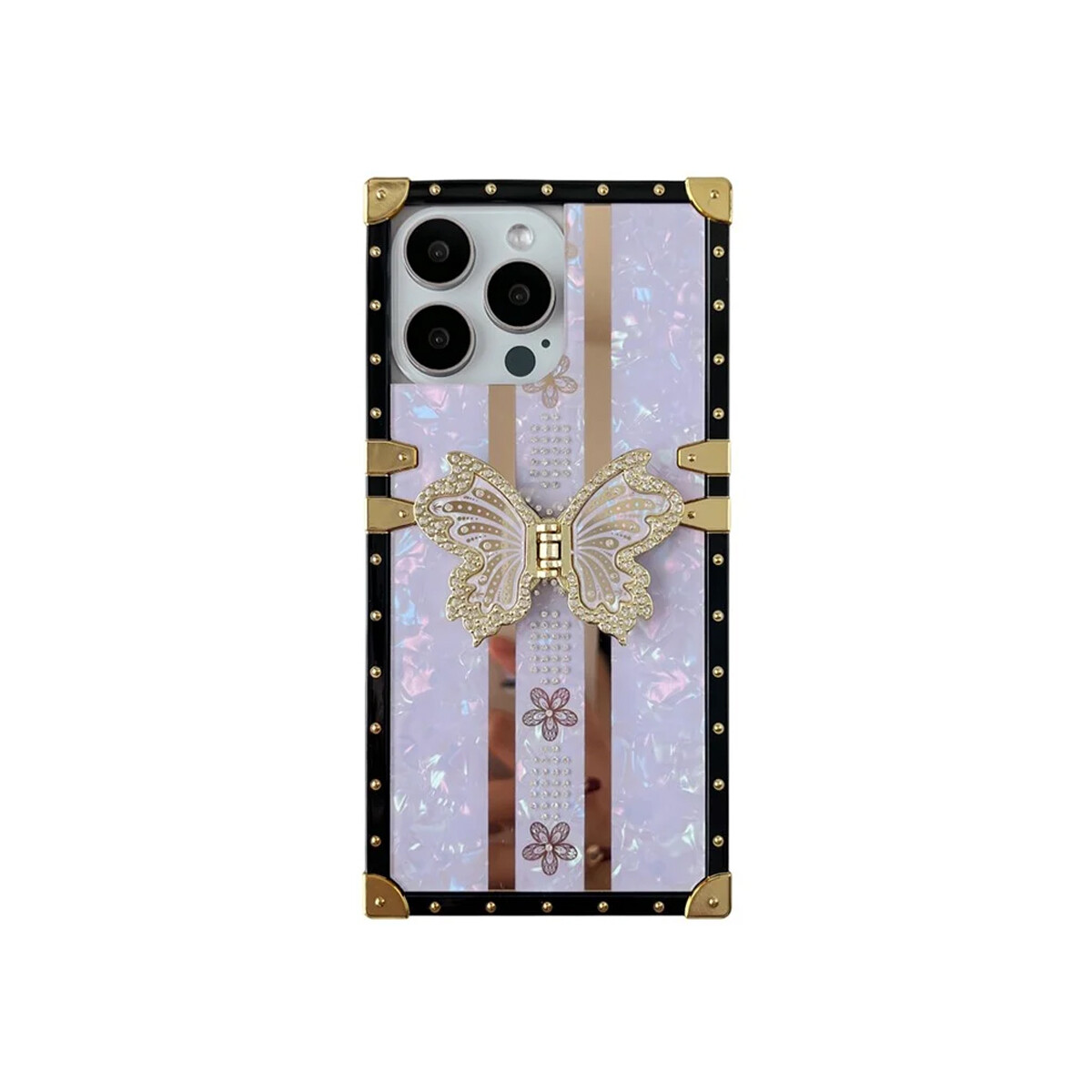 Protector para iPhone 16 Pro diseño mariposa soporte púrpura 