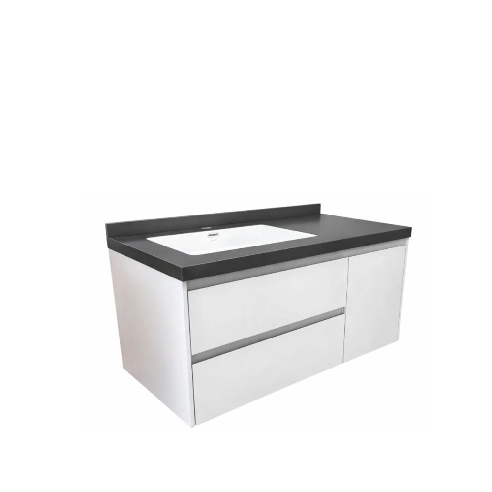 Mueble de baño suspendido Vip Blanco 100cm mesada gris con Bacha de Loza Mueble De Baño Suspendido Vip Blanco 100cm Mesada Gris Con Bacha De Loza