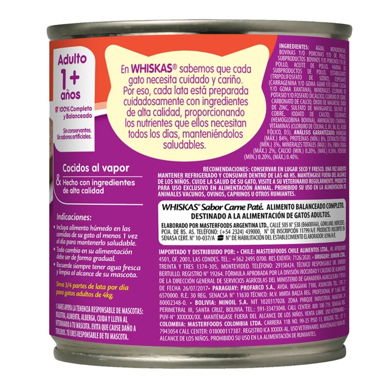 WHISKAS PATE LATA ALIMENTO HUMEDO CARNE 340 GRAMOS
