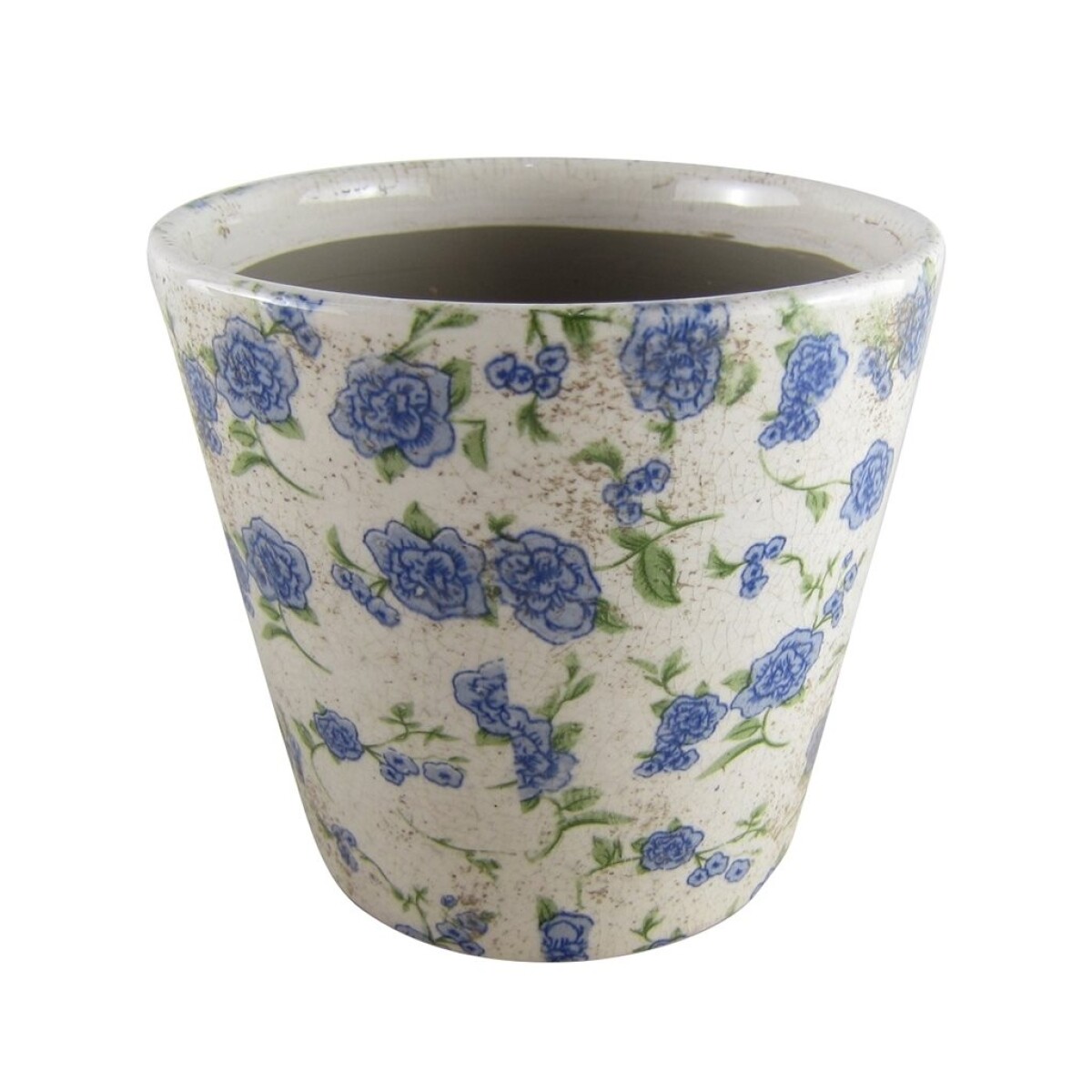 MACETA CERAMICA 14X14X13CM FLORES AZUL ENVEJECIDA 