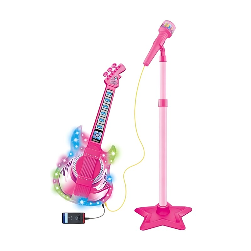 Micrófono Infantil con pie guitarra con luz y sonido MP3 3AA Rosa