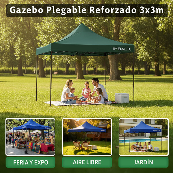 Gazebo Plegable 3x3 M Auto armable Toldo Playa Jardin Carpa Tela 600d IMBACK Color Verde Gazebo Plegable 3x3 M Auto armable Toldo Playa Jardin Carpa Tela 600d IMBACK Color Verde