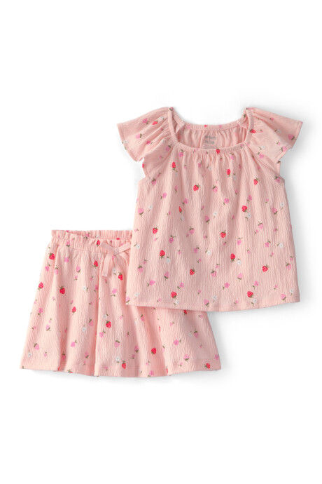 Set dos piezas de jersey arrugado, short pollera y remera, rosado, diseño frutillas. Talles 2-5T Sin color