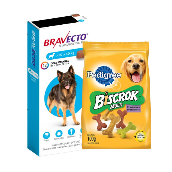 BRAVECTO TRIMESTRAL 20 A 40 KG + PEDIGREE BISCROK MULTI 100 GR BRAVECTO TRIMESTRAL 20 A 40 KG + PEDIGREE BISCROK MULTI 100 GR