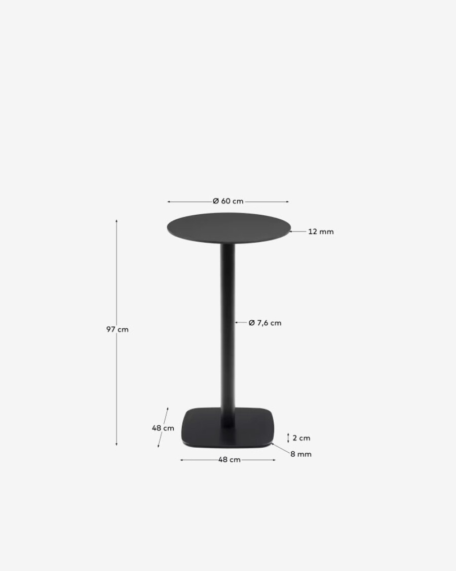 Mesa redonda alta de exterior Dina negro con pie de metal acabado pintado negro Mesa redonda alta de exterior Dina negro con pie de metal acabado pintado negro
