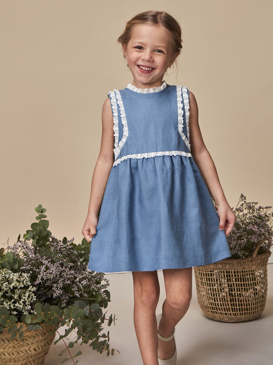 Vestido Lino Con Tiras Bordadas En Contr Azul Medio Claro