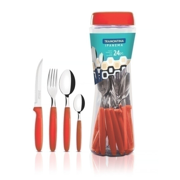 Juego cubiertos rojo en pote línea IPANEMA, 24 piezas -TRAMONTINA TN8494