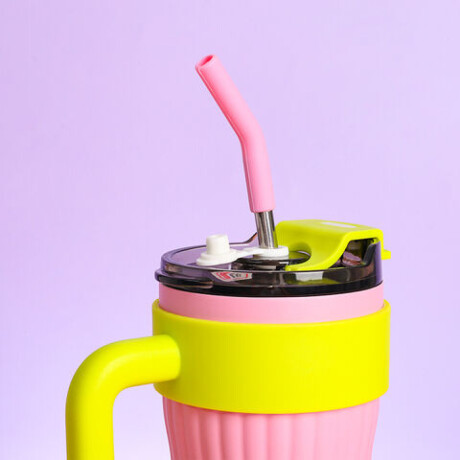 Vaso térmico con agarre y sorbito bi color Rosado