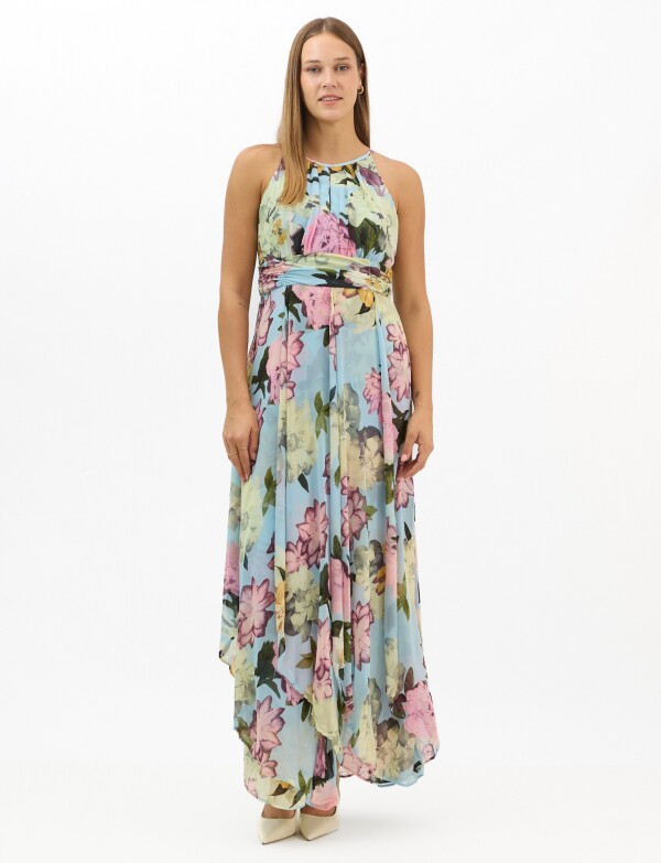 Vestido Largo Estampado Floral Con Cuello CELESTE/MULTI