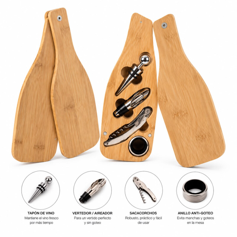 Set de Accesorios para Vino 4 Piezas en Caja Bamboo Set de Accesorios para Vino 4 Piezas en Caja Bamboo