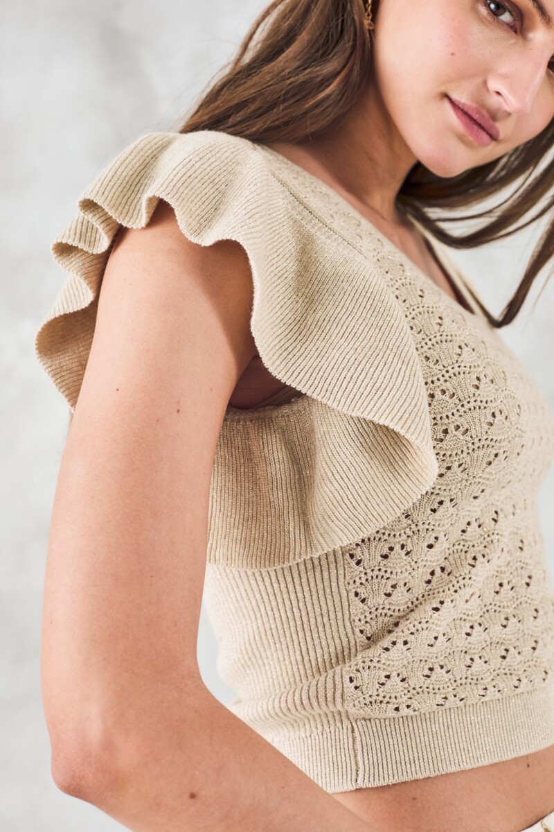 Top Metalizado Manga Volados Beige Melange