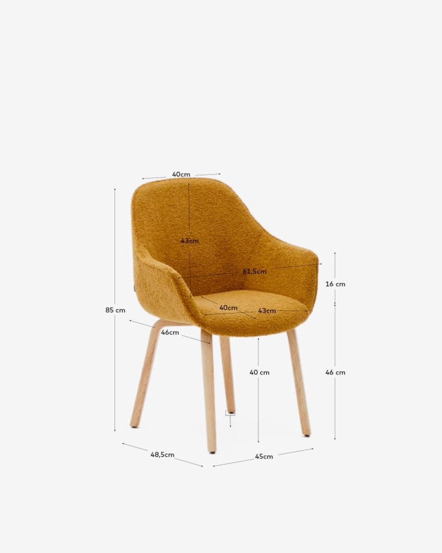 Silla Aleli de borreguito mostaza y patas de madera maciza de fresno con acabado natural