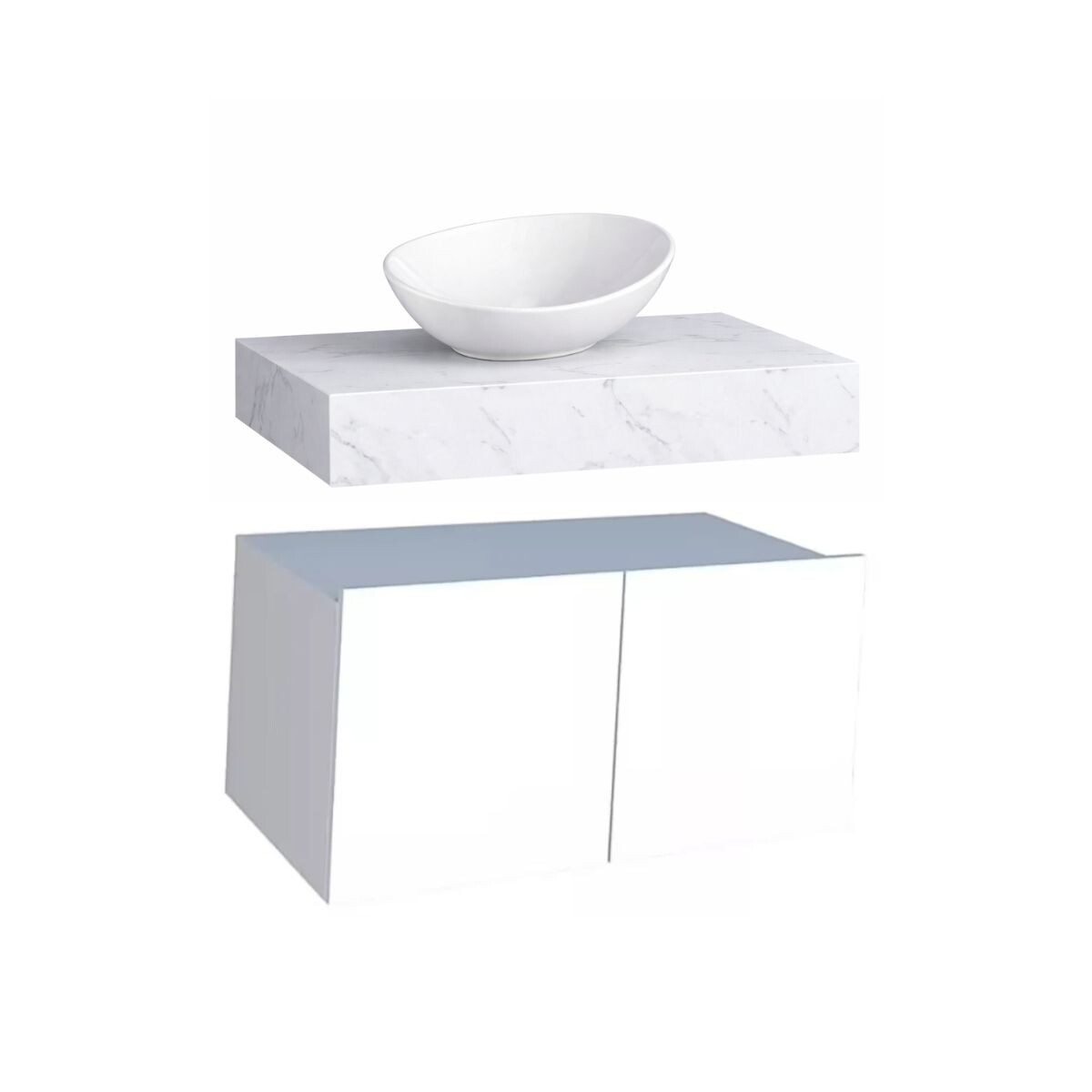 Mesada Suspendida En Porcelanato Peri 80 Bco Veteado Y Mueble Suspendido Bliss 80 Blanco Con Bacha De Loza 