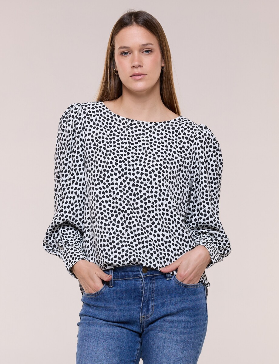 Blusa Manga Larga Abullonada Con Puño Ancho - Blanco/negro 