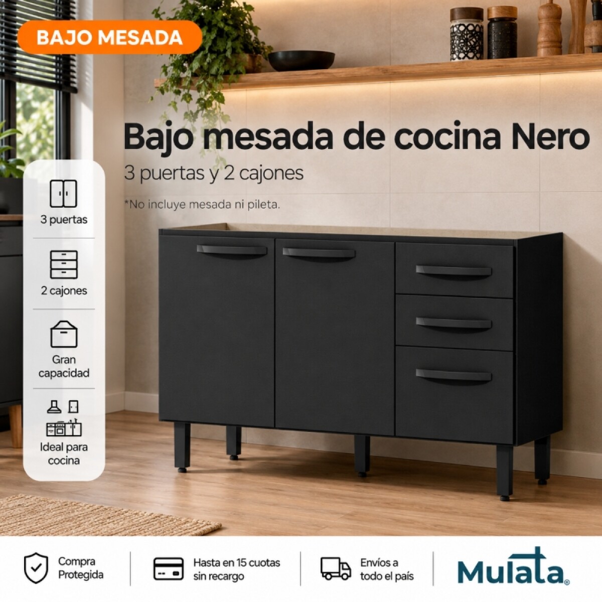 Bajo Mesada de Cocina 3 Puertas 2 Cajones 120 x 77 x 50 cm - NERO 