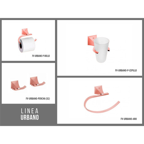 SET DE ACCESORIOS ROSE GOLD INCLUYE 2 PERCHAS, PORTAROLLO, PORTACEPILLO Y TOALLERO CON ARO URBANO FV 000