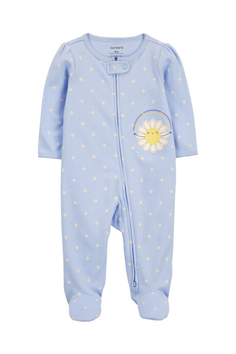 Pijama una pieza de algodón, con pie, azul, diseño floral. Talles 0-9M Sin color