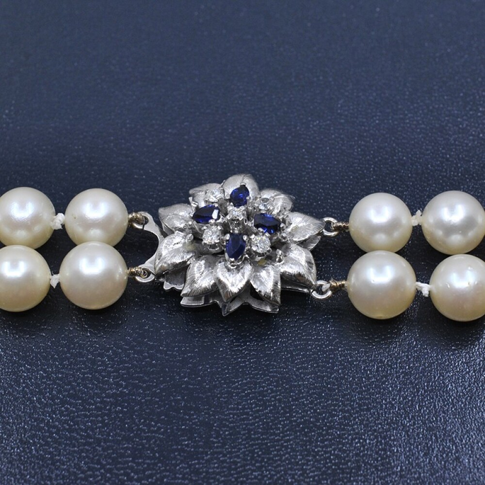 Collar De Perlas De Cultivo, 2 Hilos, Broche Con Brillantes Y Zafiros Collar De Perlas De Cultivo, 2 Hilos, Broche Con Brillantes Y Zafiros