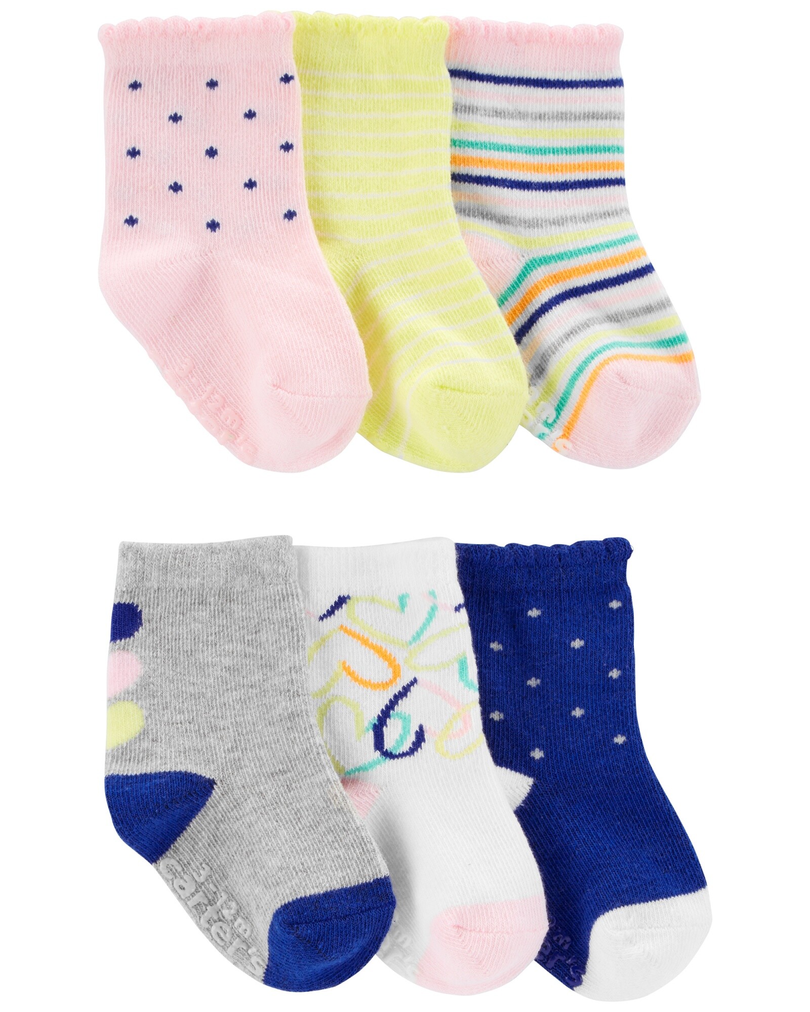 Pack seis pares de medias de algodón, antideslizantes, estampadas Sin color