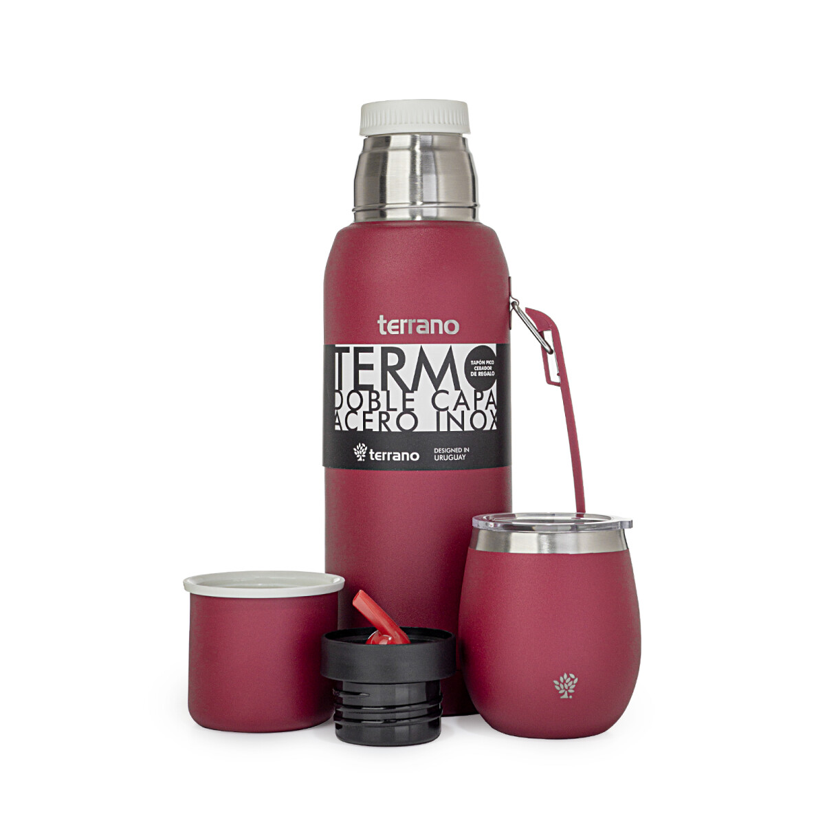 Set Acero 1Lt. Mate con Tapa - Bordó 