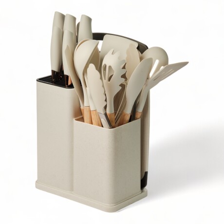 Set 19 Utensilios De Cocina Con Cuchillo Y Tabla Beige