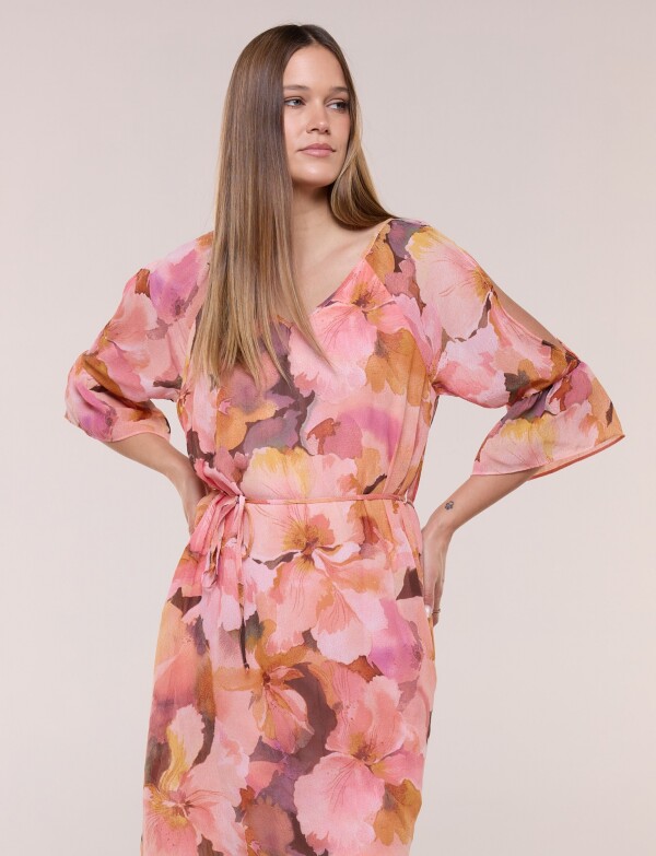 Vestido Corto De Gasa Floral Con Abertura En Brazo ROSA/MULTI