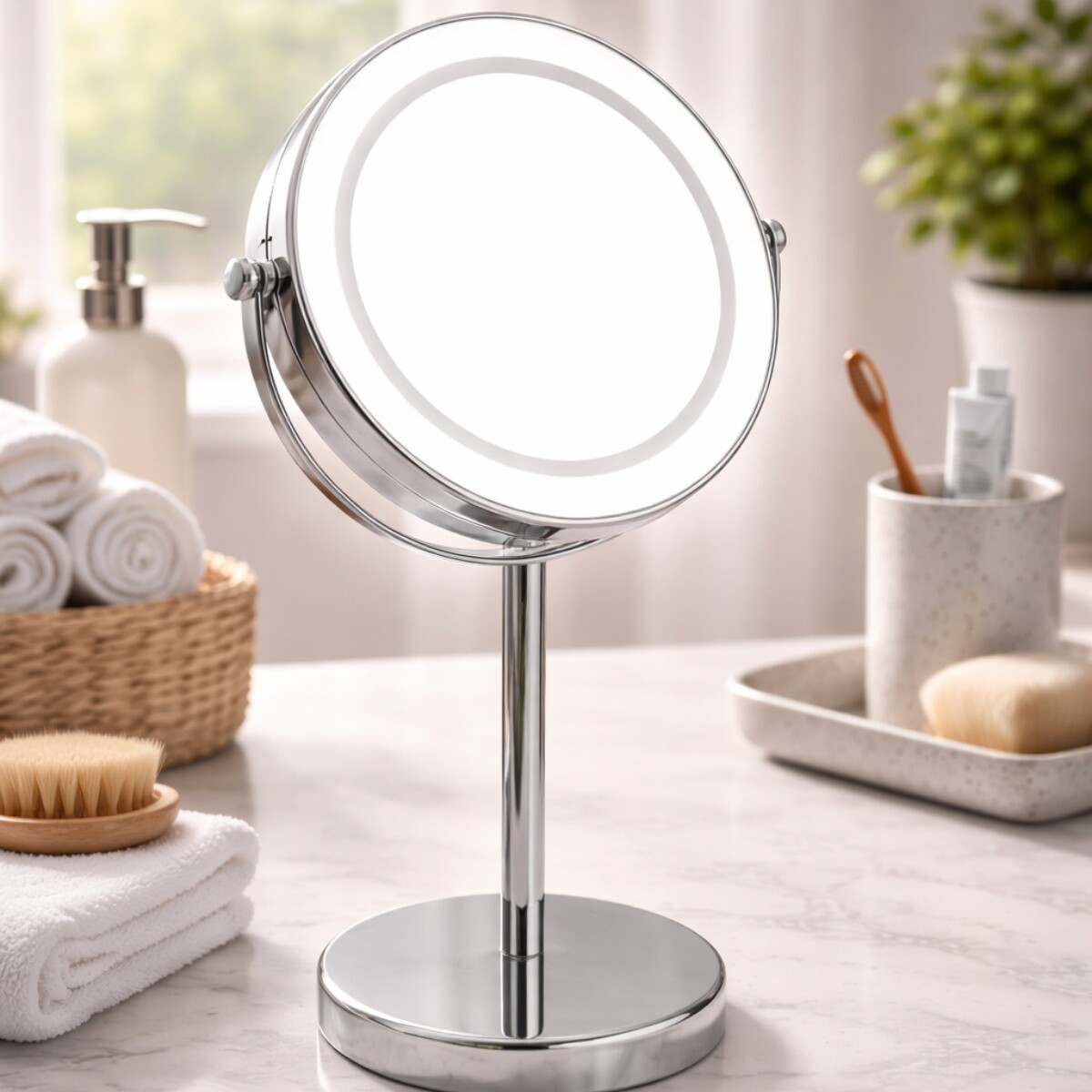 Espejo maquillaje de pie aumento doble cara luz led - PLATA 