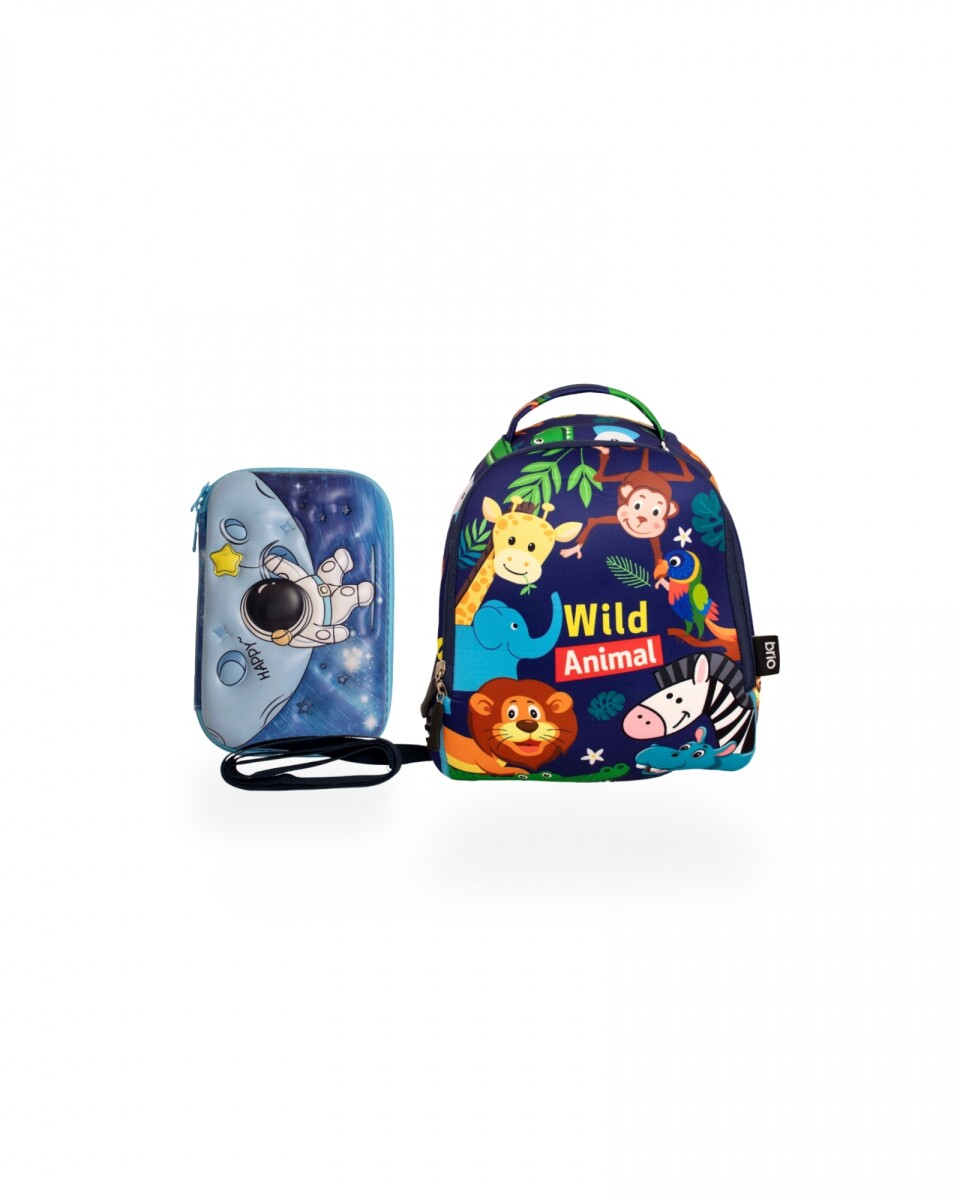Set de mochila infantil de neopreno y cartuchera con divisiones brio - set-astronauta-animales 