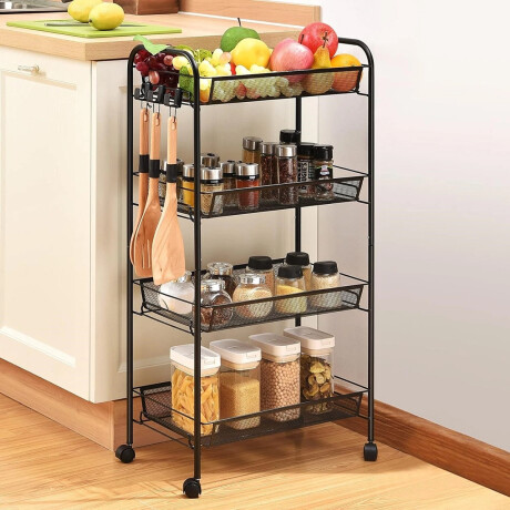 Carro organizador metálico de 4 niveles con ruedas Negro