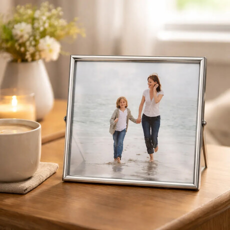 Porta Retrato de Pie p/ Fotos Cuadrado 20x20Cm Vidrio Metal Plateado