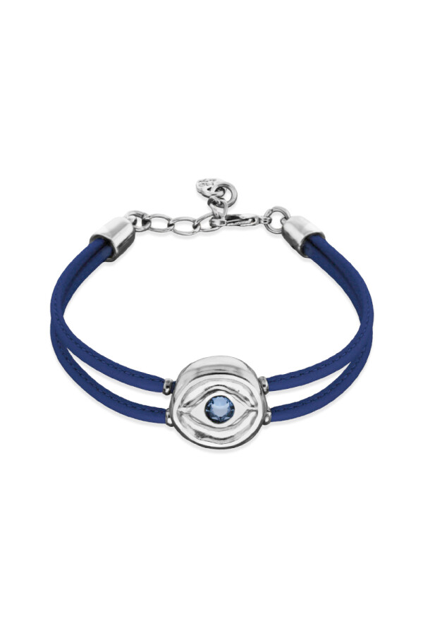 PULSERA DE CUERO DOBLE AZUL CON DETALLE DE OJO EN ALEACIÓN DE METALES BAÑADO EN PLATA Y CRISTAL Pulsera