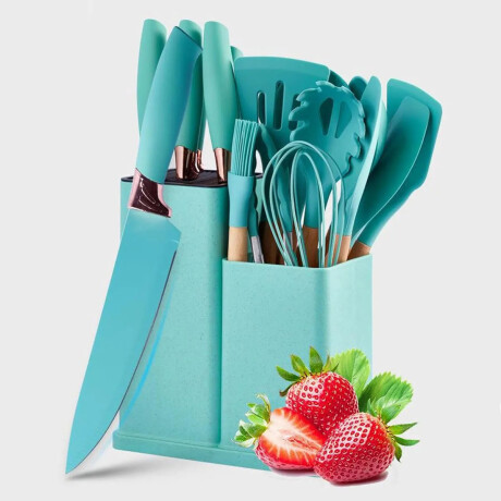 Set Utensilios Cocina 19Pz + Escurridor 2Niv Acero Inox Turquesa