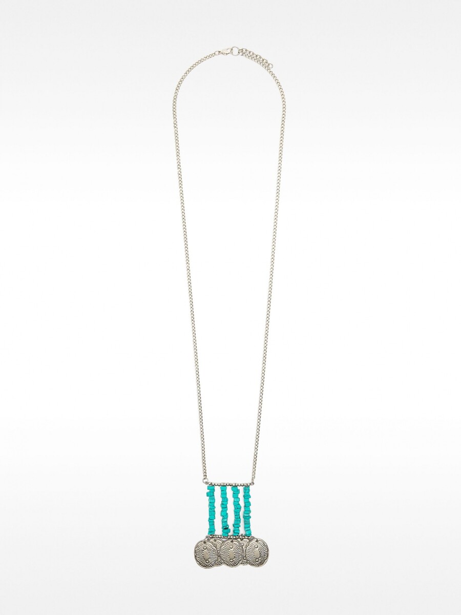 Collar Largo Colgante Con Piedras Y Medallas azul