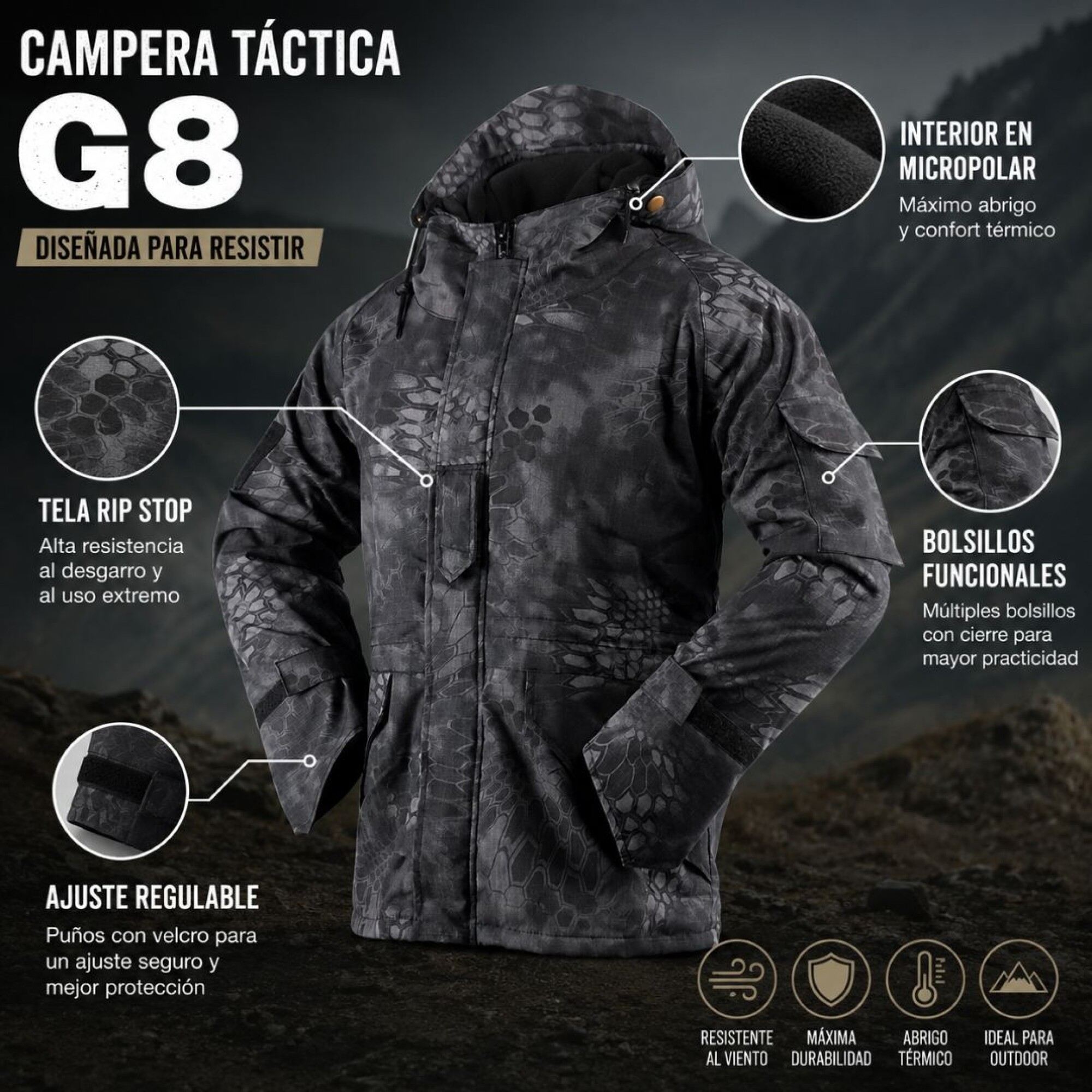 Campera G8 Ripstop Interior micropolar - Black Python — Aventureros