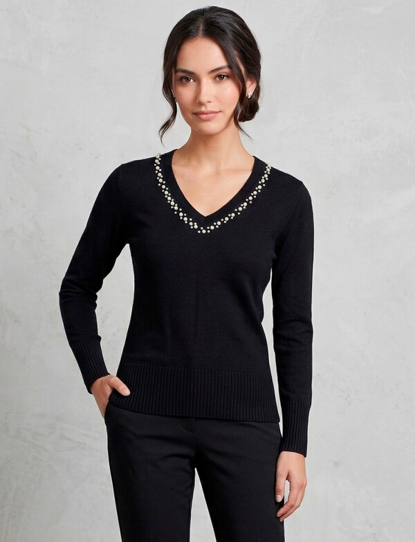 Buzo Esc V Perlas & Strass NEGRO