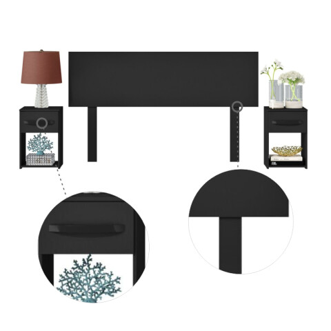 Respaldo de Sommier C/ 2 Mesas de Luz - MDP - NEGRO Respaldo de Sommier C/ 2 Mesas de Luz - MDP - NEGRO