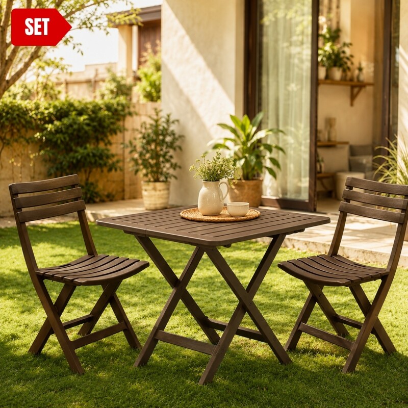 Mesa + 2 Silla Plegable Simil Madera Reforzada Plástico MARRON