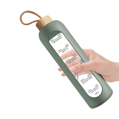 Botella de vidrio con funda de silicona y tapa de bambú con frases motivacionales Verde