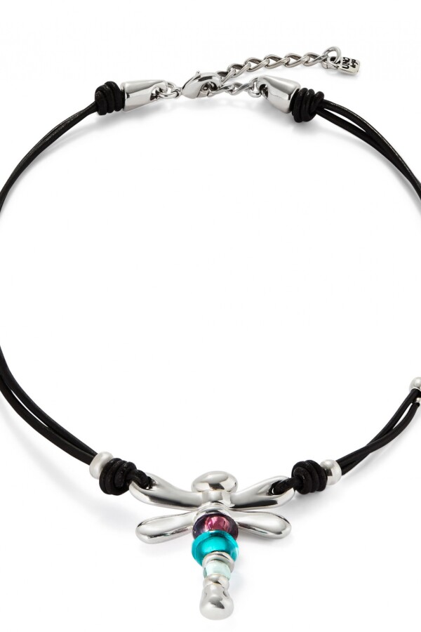 COLLAR DE CUERO Y LIBÉLULA BAÑADO EN PLATA DE LEY CON CRISTALES PLATA / BLANCO