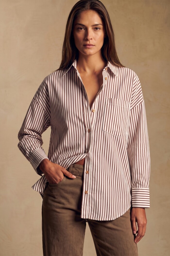 Camisa Rayada Con Lino Chocolate
