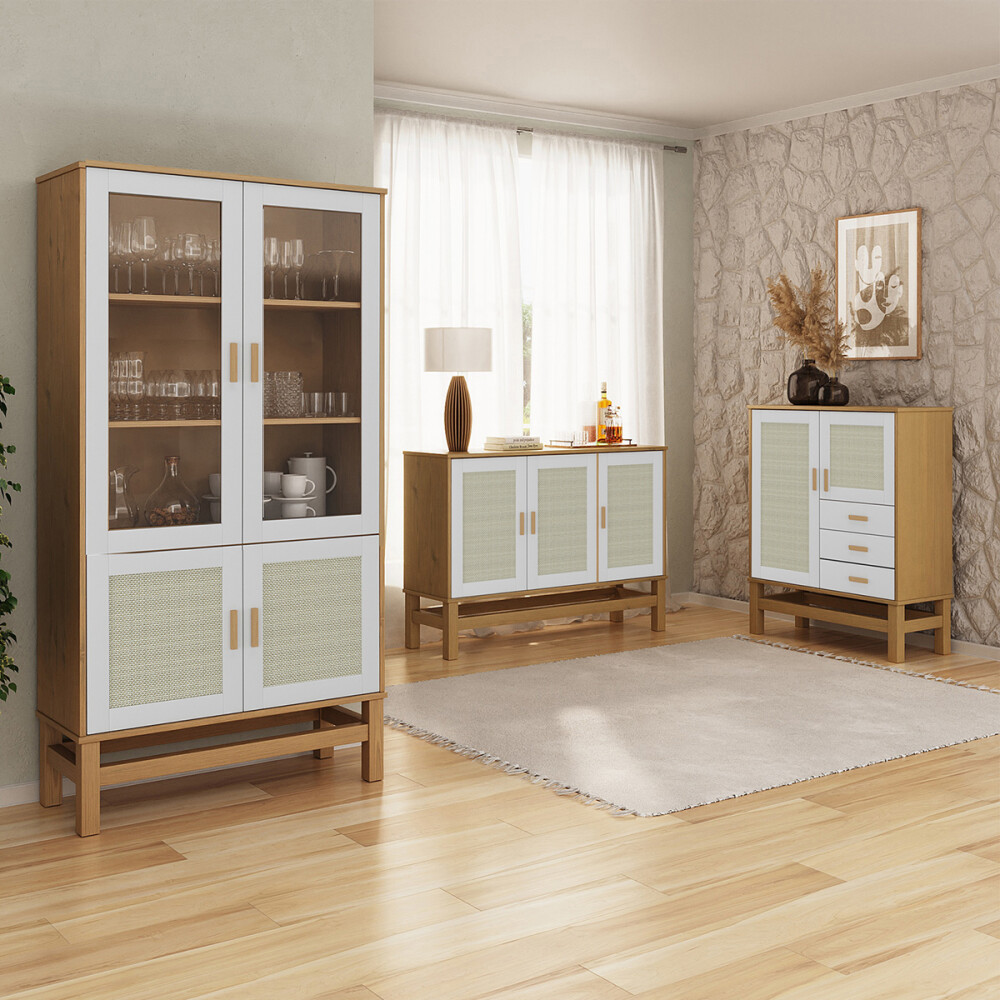 APARADOR BARGUEÑO BUFFET DE 3 PUERTAS EN MADERA MACIZA CON RATAN APARADOR BARGUEÑO BUFFET DE 3 PUERTAS EN MADERA MACIZA CON RATAN