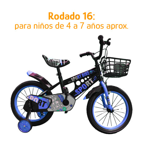 Bicicleta Infantil Rodado 16 C/Rueditas Aux Estilo Deportivo Celeste