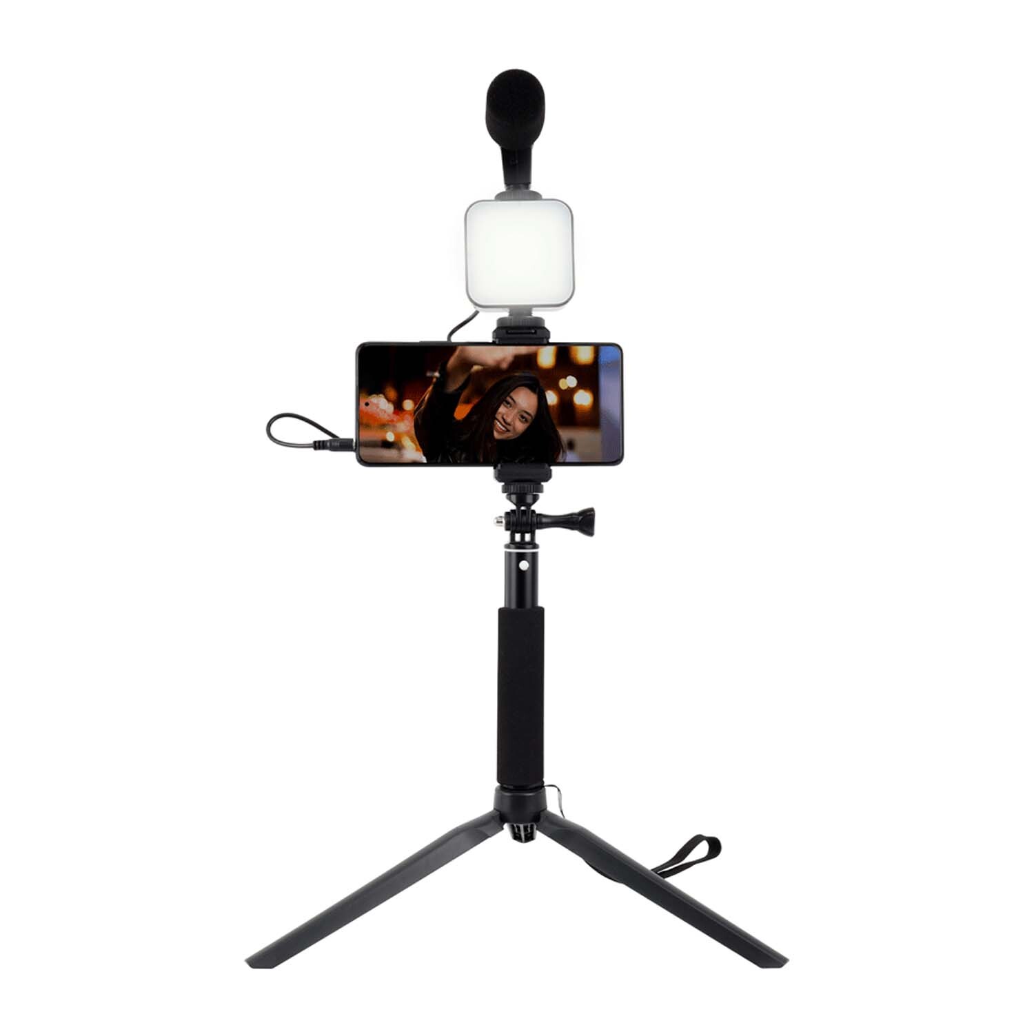 Set Trípode Bluetooth Selfie Stick con Luz Led y Micrófono Negro