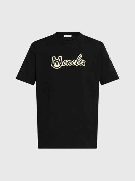 Moncler - Camiseta de Algodón con Logotipo Universitario Bordado Negro