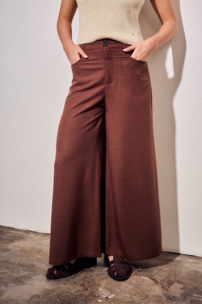 Pantalon Con Lino Marron