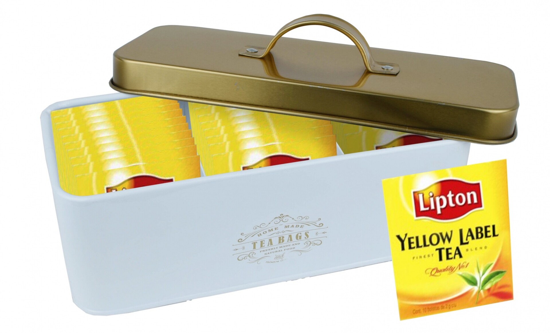 SET LATA DE TE BLANCA C/DORADO 3 DIVISIONES +30 PCS TE LIPTON YELLOW LABEL 