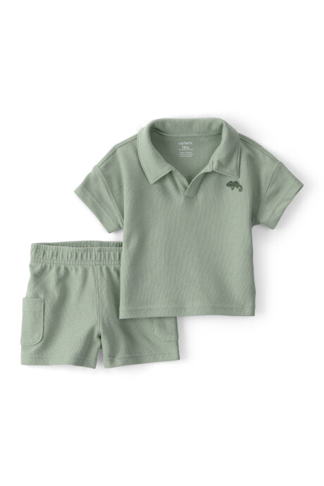 Set dos piezas de algodón, short y remera, verde, iguana bordada. Talles 6-24M Set dos piezas de algodón, short y remera, verde, iguana bordada. Talles 6-24M