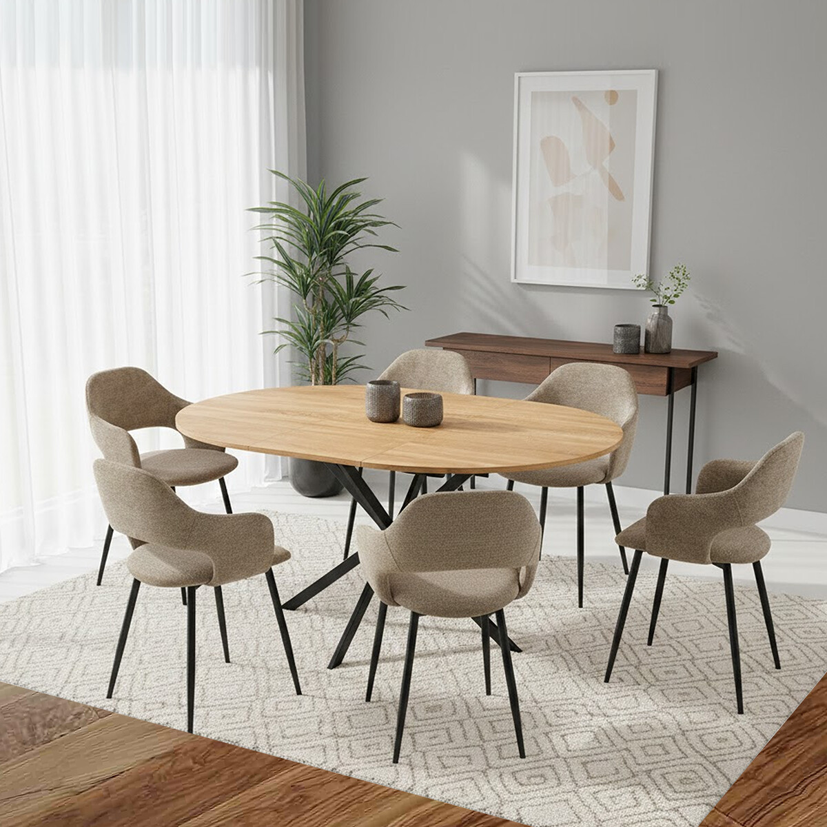 JUEGO DE COMEDOR MESA EXTENSIBLE Y 6 SILLAS 