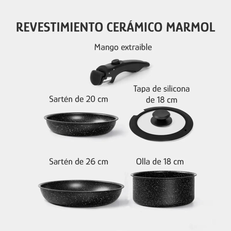 Batería De Cocina Selecta 5 Pzas Mango Extraíble Negro
