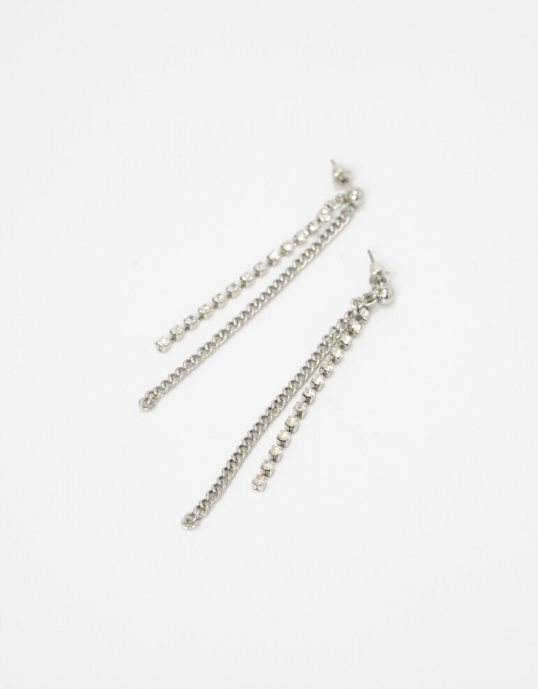 Aros Colgantes Largos Metal Aros Colgantes De Cadena Y Strass - Plateado Rodio
